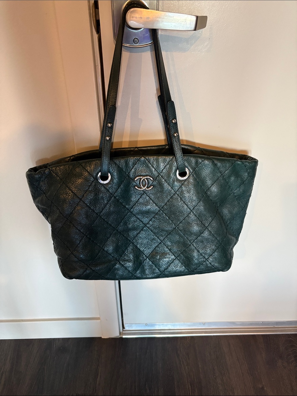 Authentic CHANEL Quilted Leather Tote in Deep Green with Silver Hardware